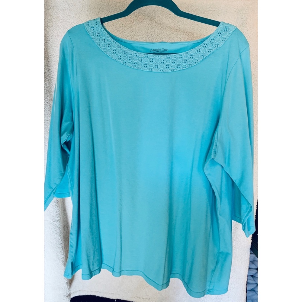 Coldwater Creek Teal Knitted Collar 3/4 Sleeve Top